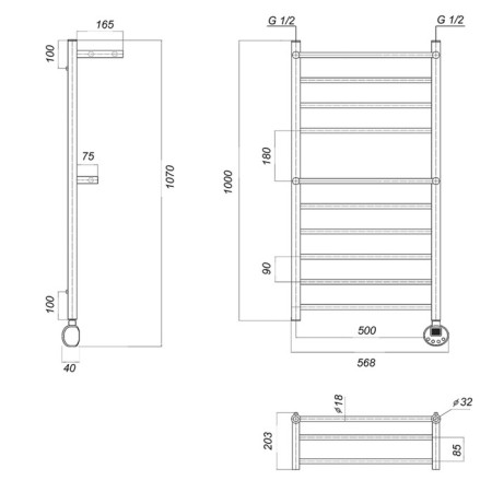 Domoterm electric heated towel rail "Medea" P10, 500x1000 mm, 2 shelves, right, chrome-2