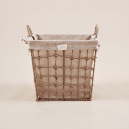 Basket for storage of manual weaving, with handles, square, jute, 33x33x36 cm