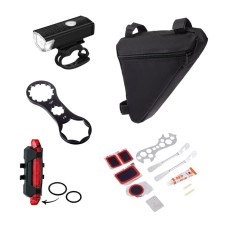 Set for bicycle 4 in 1: battery flashlight, repair kit, bicycle key, bag