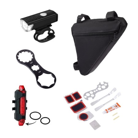 Set for bicycle 4 in 1: battery flashlight, repair kit, bicycle key, bag