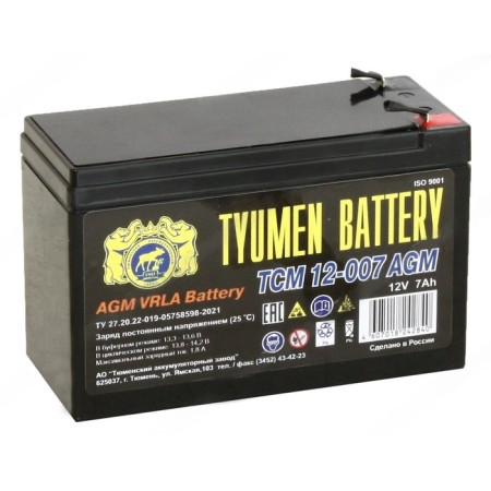 Battery Tyumen 7 Ah, 12 V, TSM 12-007 AGM, direct polarity