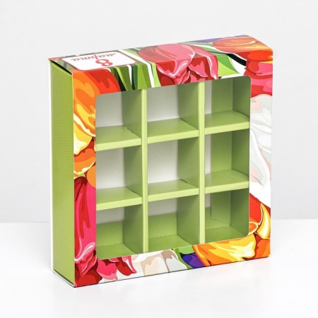 Box for 9 sweets with a shell, "March 8" 13.8 x 13.8 x 3.8. Confectionery packaging