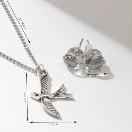 Set 2 objects: earrings, pendant "bird" Seagull, color black silver, 40 cm-1