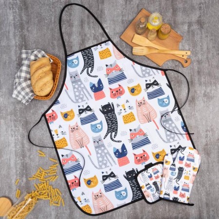 Kitty kitchen set of “cats” View 2, take 17*17cm, mitten 26*16cm, apron 60*80 cm 100% p/e