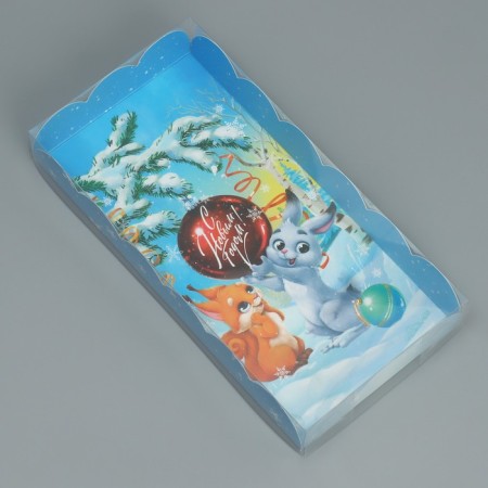 Box for confectionery products with PVC lid "Bunny and Squirrel", 10.5 x 21 x 3 cm, New Year-1