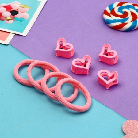 Hair set "Olivia" (4 elastic bands 4 cm, 4 crab 2.5 cm) heart, pink-1