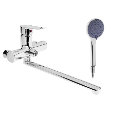 Bath mixer Zein Z3848, single -leaf, pour 30 cm, shower set, watering can 5 dir, chrome