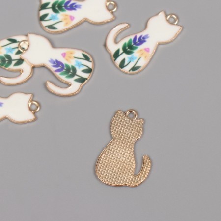 Decor for creativity metal, enamel "White cat with flowers" 2.5x1.6 cm-1