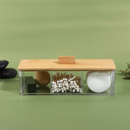 Bamboo organizer for storage, with a lid, 3 sections, 23.3 × 9.4 × 8.9 cm, the color is transparent/brown-6