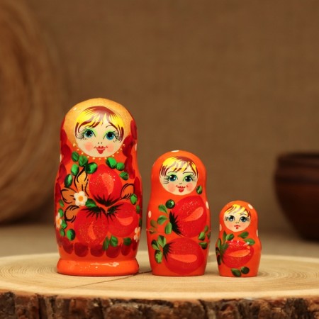 Matryoshka "Strawberry", orange dress, 3 puppet, 10-12 cm-9