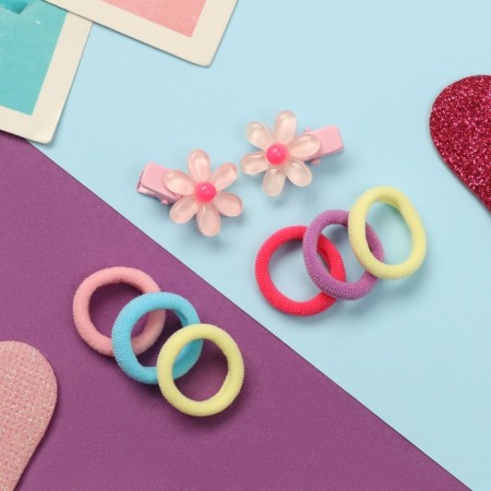 Caramel hair set (10 elastic bands 1.5 cm, 2 clamps 2.5 cm) chamomile, pink-1