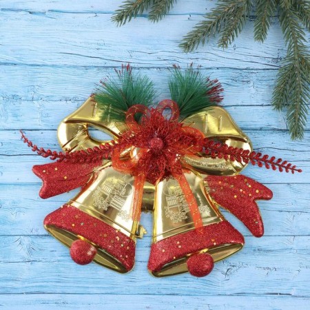 Decoration New Year's "double bell" with flower and twigs, 25x19 cm, golden red