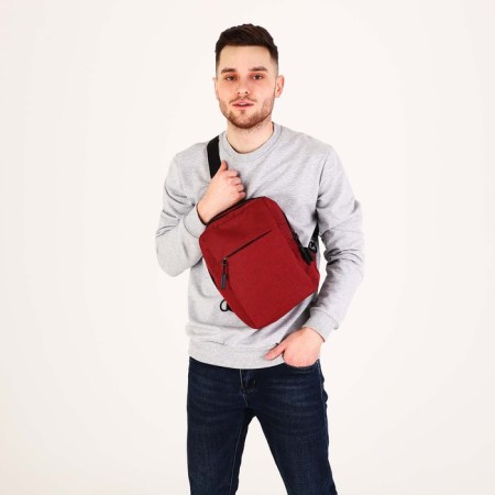 Male sling bag from textiles, with USB, dark red color-6