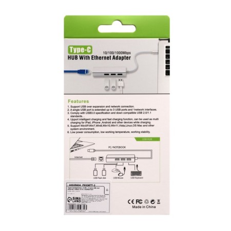 Type-C Langer (Hub), 3 USB ports, Ethernet port, cable 10 cm, silver-2