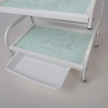 Cosmetologist table 52 × 32 × 80, on wheels ×, 3 shelves, white color (pattern on the glass of mix)-1