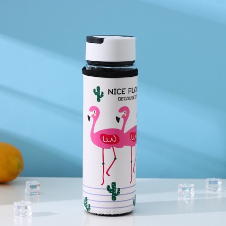 A glass bottle with a handle in a flamingos cover, 500 ml, h = 23.5 cm, Mix drawing-6
