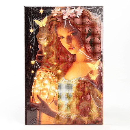 Diamond mosaic with a partial filling on the subframe "Forest Fairy", 20 x 30 cm, with a garland-2