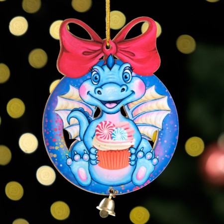 Christmas tree toy "Dragon in a blue ball", lamination, 73 x 95mm