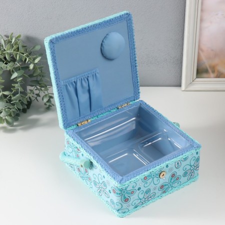 Casket for needlework "Butterflies and flowers on blue" 20x20x11 cm-2