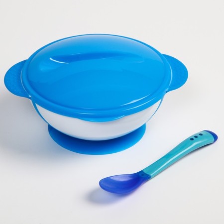 Feeding set: a bowl on the suction cup 340 ml., With a lid, a thermal carp, the color is blue-2