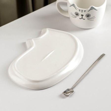 Tea couple ceramic "cat", 3 items: a cup of 200 ml, a saucer 18.5 × 13.5 cm, a spoon-2