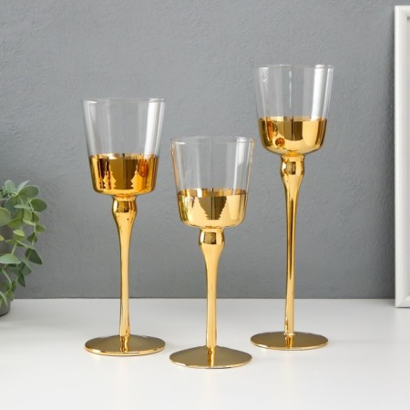 Glass candlestick Set 3 pcs "Romance of candles" gold height 26cm, 23 cm, 20 cm-1