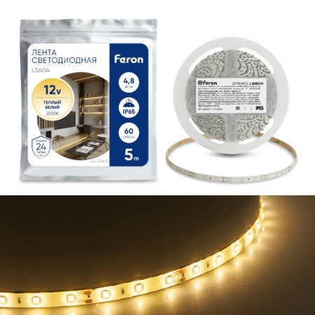 Feron 5 m, IP65, SMD2835, 60 LED/m, 4.8 W/m, 12 V, glow warm white