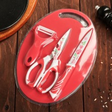 A set of kitchen utensils, 4 objects: knife, scissors with an anti -wound coating, vegetable cleaning, board, red color