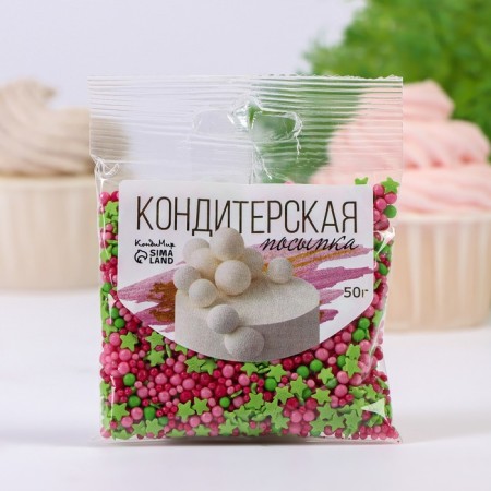 Confectionery Sprinking "Stars, Balls": green, pink, with a soft center, 50 g-1