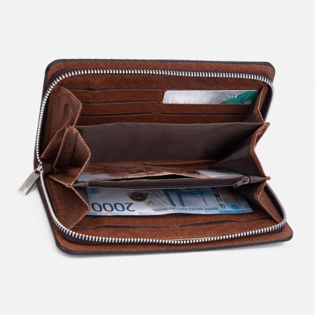 Male purse with zipper, department for bills, for maps, for coins, black color-3