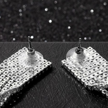 Hanging earrings with rhinestones "Waterfall" stepped, white color in silver, 17 cm-2