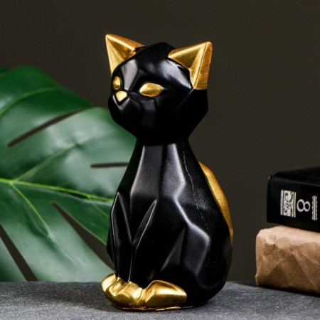 Pig a piggy bank "Geometric cat" Black-gold, 19cm-3