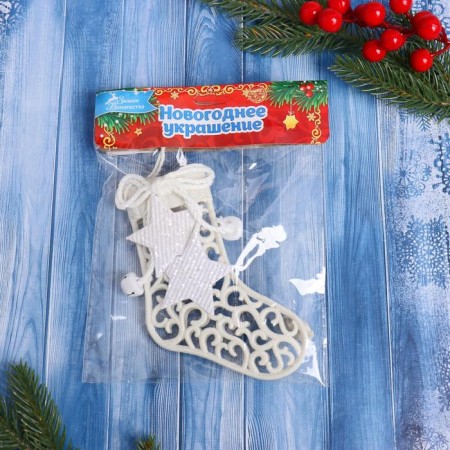 Christmas tree decoration "Lace sock with stars" 9x11 cm, white-1