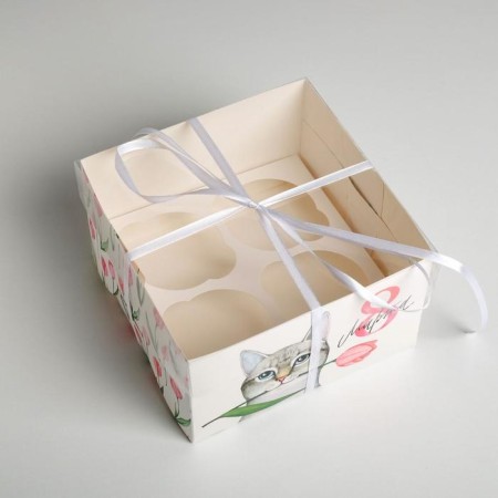 Capcake box, confectionery packaging, 4 cells “March 8!”, 16 x 16 x 10 cm-2