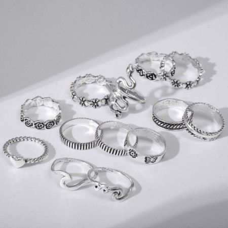 A set of rings 13 pieces of “Assorted” flowers, snake, size mix, color black silver-3