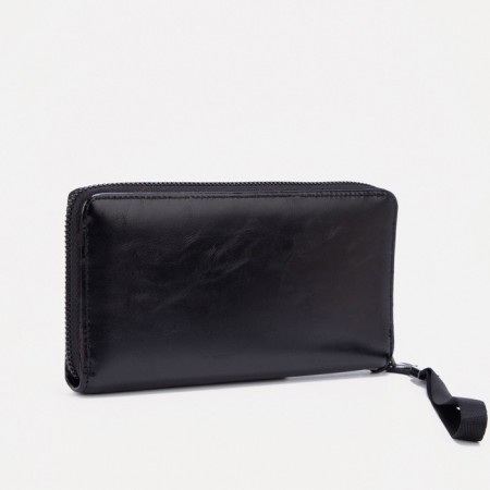 Male purse with zipper, department for bills, for maps, for coins, black color-1
