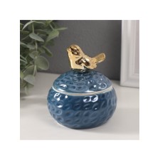 Шкатулка керамика "Золотая птичка на гнезде" синий перламутр 8,5х8,5х10 см