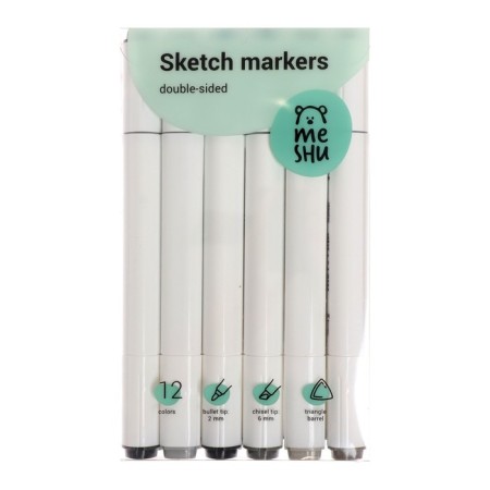 Meshu bilateral markers for sketching, 12 colors (gray colors)
