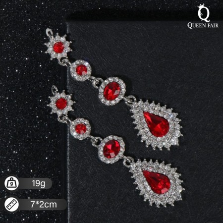Hanging earrings with “evening” rhinestones, white-red color in silver, 7 cm