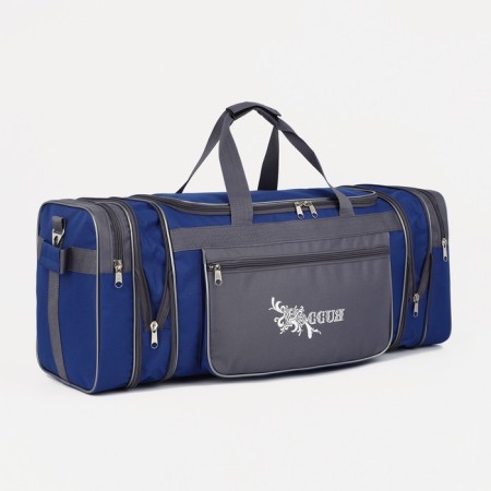 Road bag on a zipper, with an increase, 3 outer pockets, a long belt, blue/gray color-2