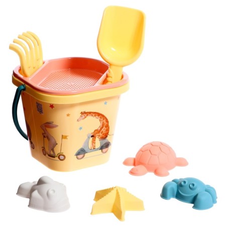 Set for playing in the sand: bucket, sieve, scoop, rake, 4 molds-9