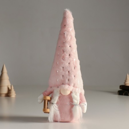 Interior doll "Granny in a fur pink cap with stars and sleds" 32 cm
