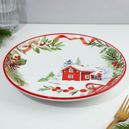 Ceramic plate "New Year's fairy tale" red, 25.5 cm, white color-3