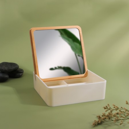 Boxing for storing cosmetic supplies, with a mirror, 4 sections, 15 × 15 × 5 cm, white/brown color-1