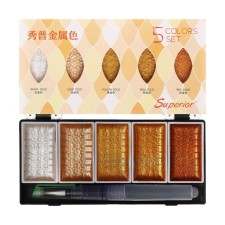 Watercolor paints, pearl, + brush, in a plastic box, 5 colors