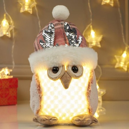 Interior light doll "Owl in a pink hat with deer horns" 25x15x15 cm