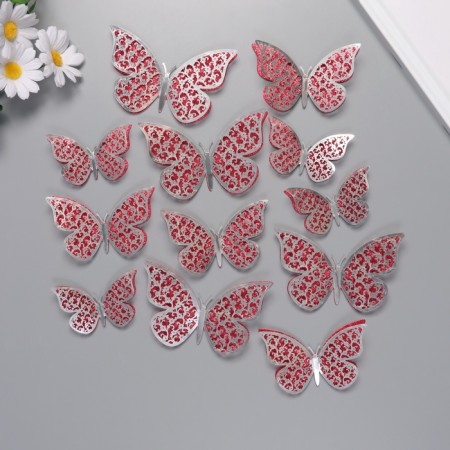 Stick paper, plastic "Flower red butterflies" sparkles set 12 pcs 12 cm, 10 cm 8 cm 1052425