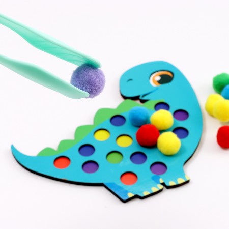 Wooden sorter "Dino" with pompons and tweezers, 15 x 21 cm-4
