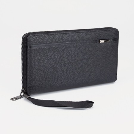Male purse with zipper, department for bills, for maps, for coins, black color