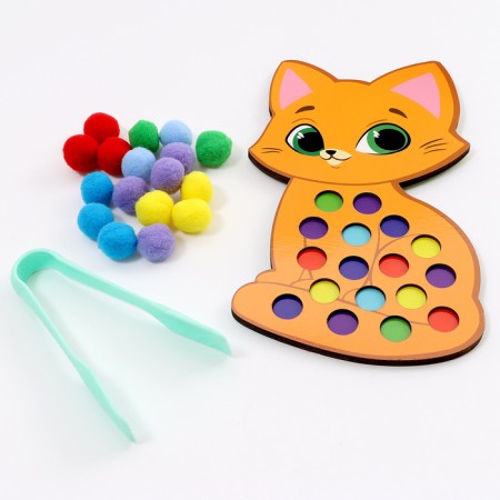 Wooden “kitten” sorter with pompons and tweezers, 15 x 21 cm-3